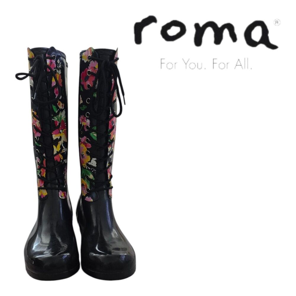 Roma Black Lace-Up Rain Rubber Boots By Sadie Robertson Size 10 Like New!